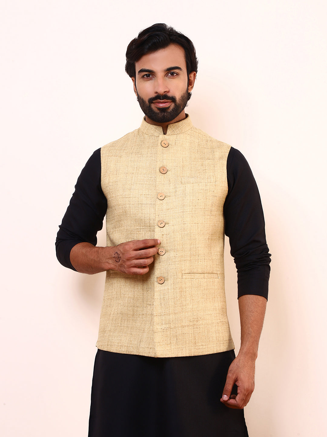 Khaki Beige Linen Men s Nehru Jacket