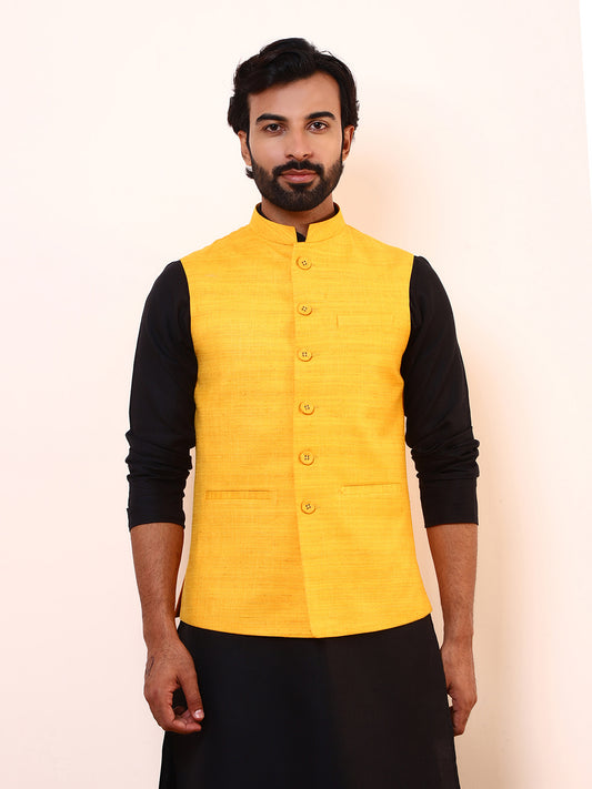 Vibrant Yellow Linen Men’s Nehru Jacket