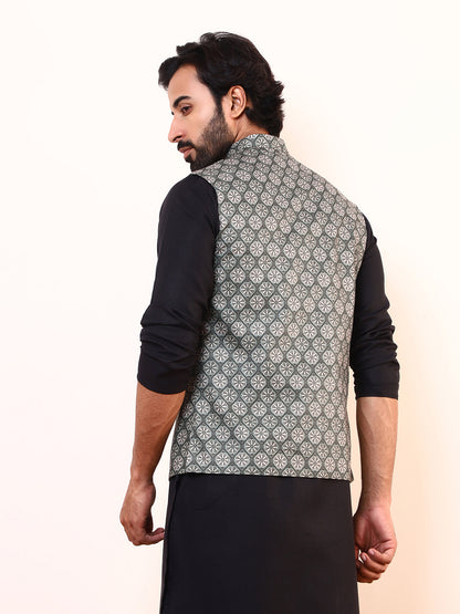 Olive Green Motifs Printed Men’s Nehru Jacket