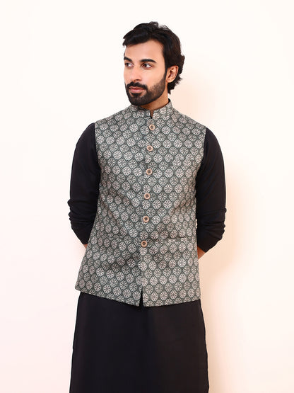 Olive Green Motifs Printed Men’s Nehru Jacket