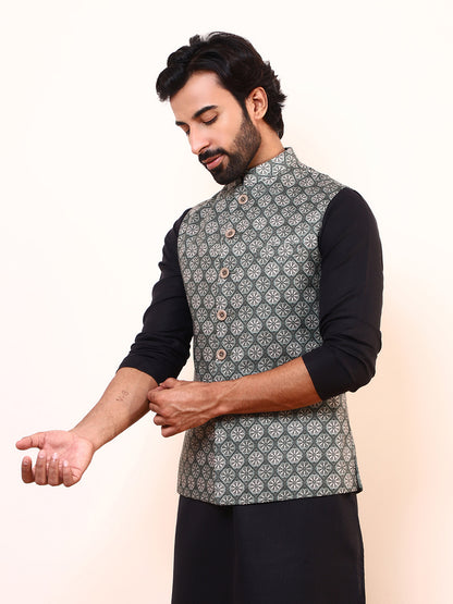 Olive Green Motifs Printed Men’s Nehru Jacket