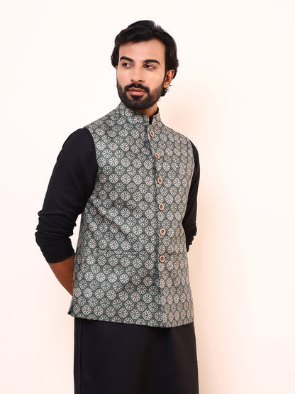 Olive Green Motifs Printed Men’s Nehru Jacket