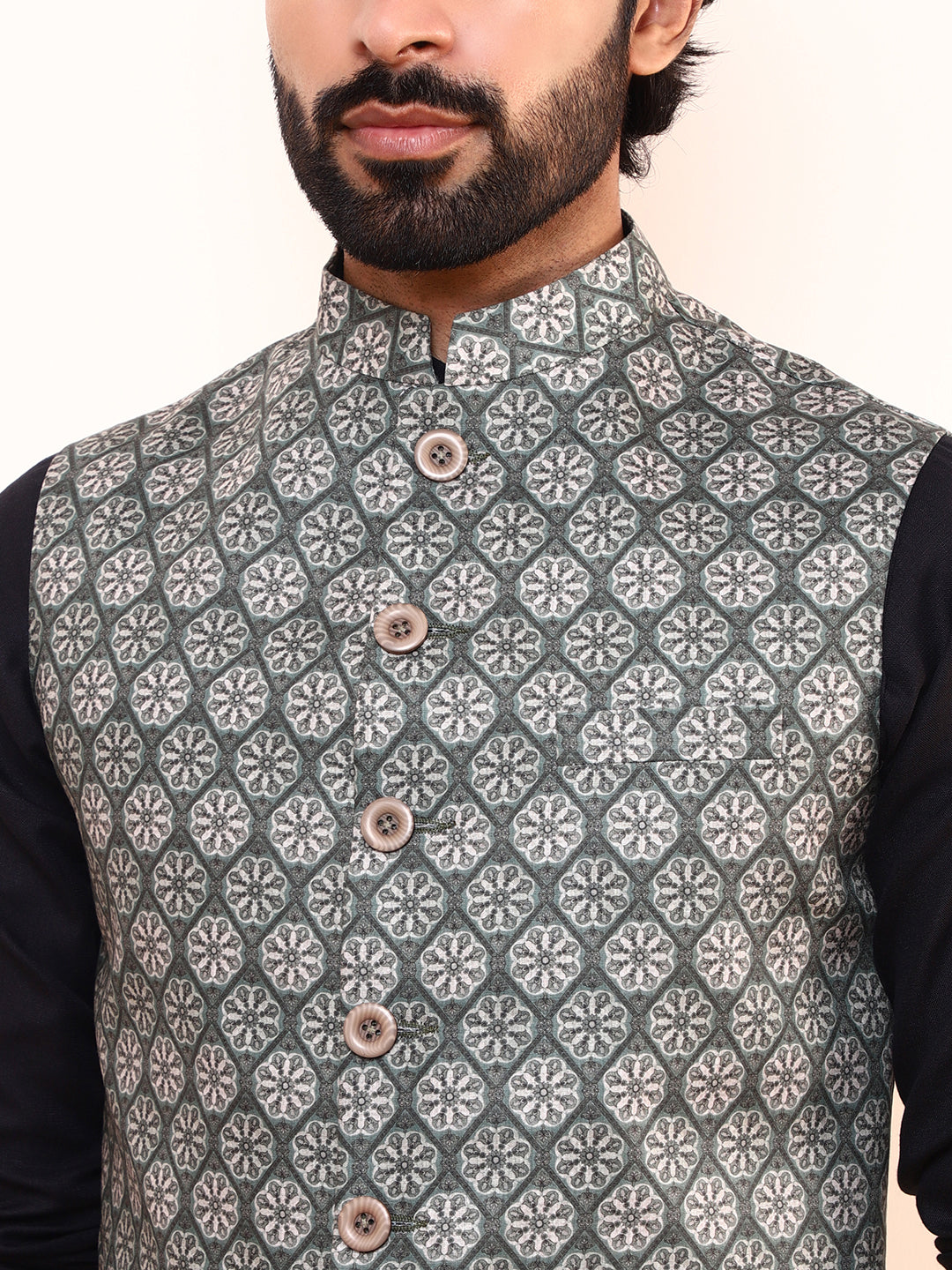 Olive Green Motifs Printed Men’s Nehru Jacket