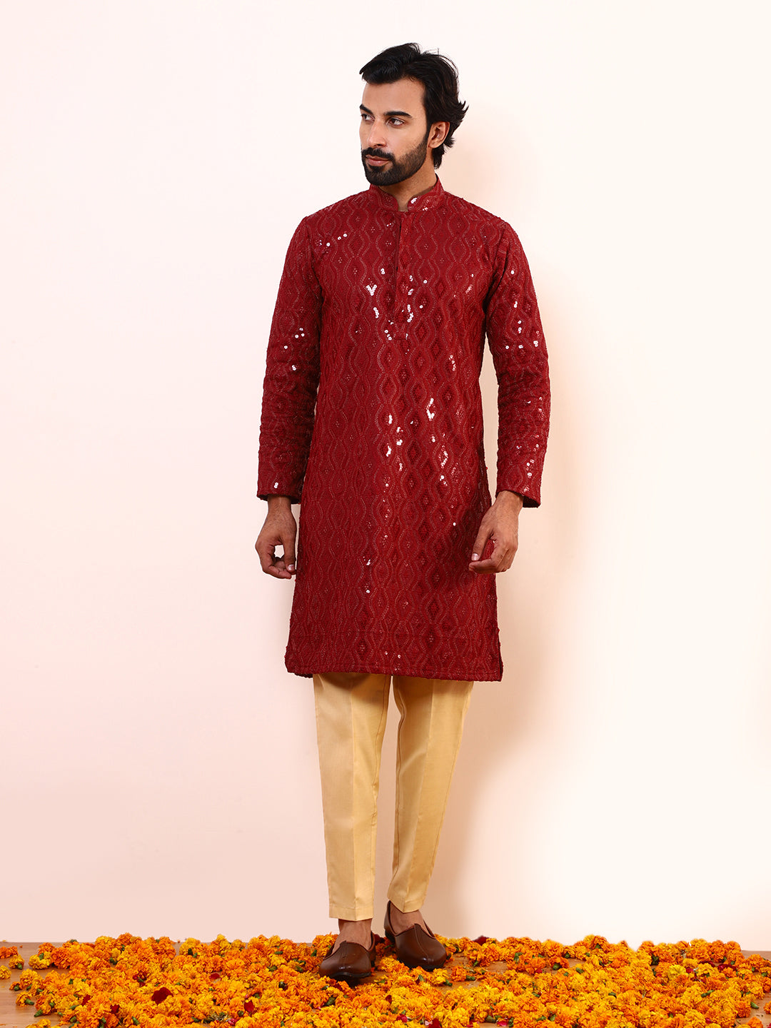 Deep Red Embellished Men’s Kurta