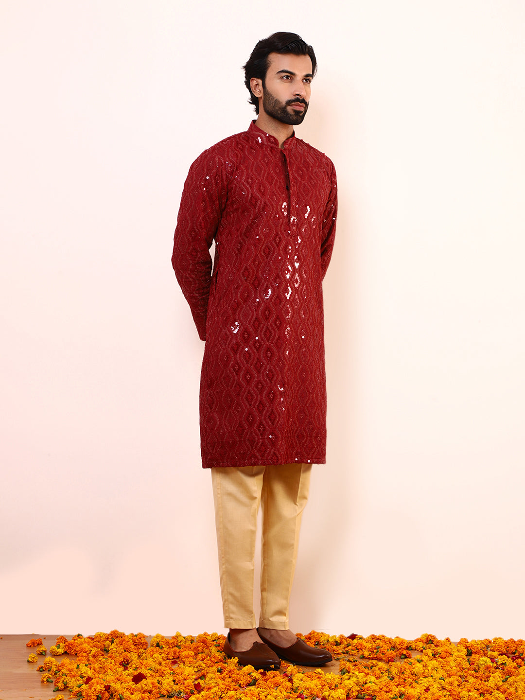 Deep Red Embellished Men’s Kurta