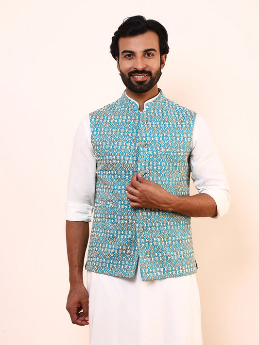 Turquoise Blue Embroidered Men’s Nehru Jacket