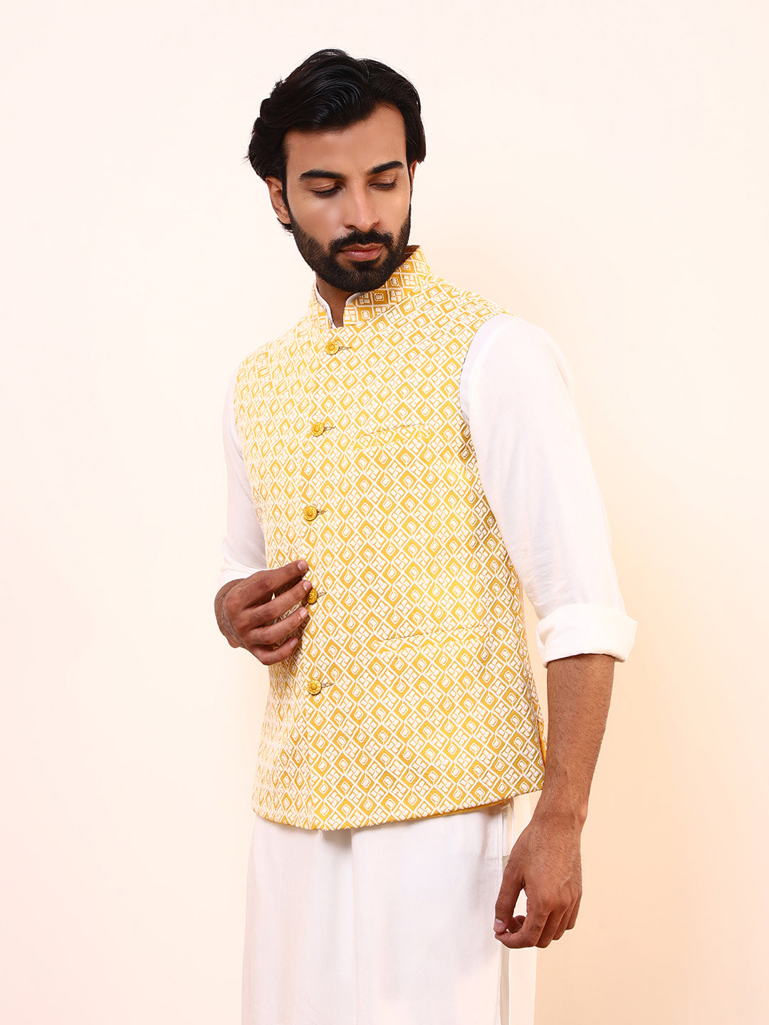 Golden Yellow Embroidered Men’s Nehru Jacke