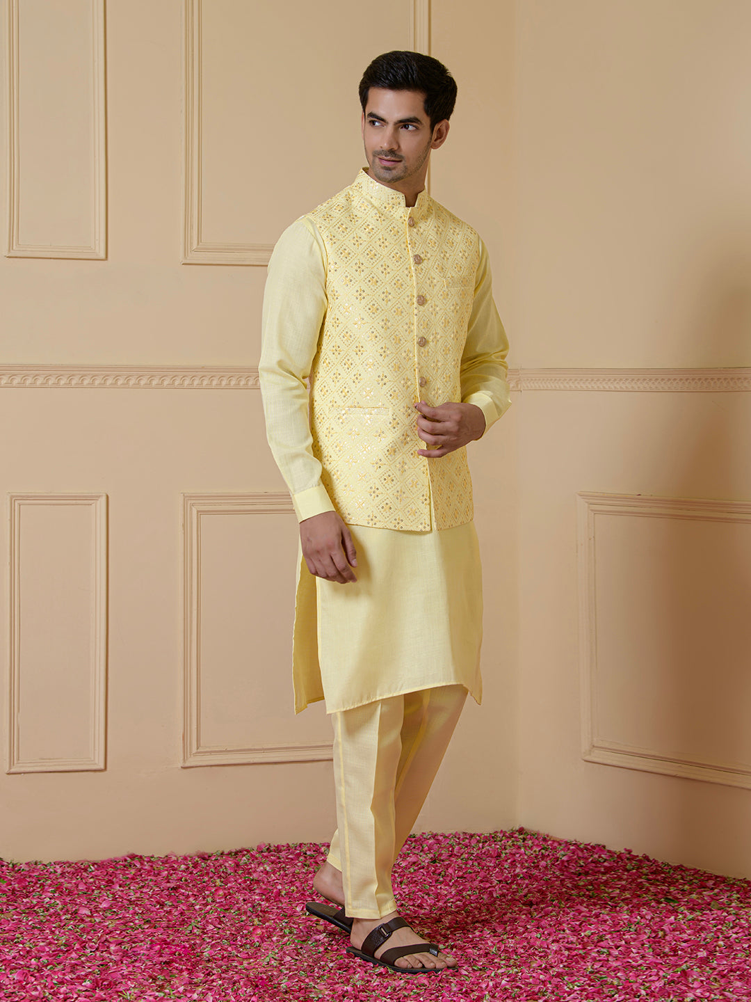 Radiant Yellow Sequined Men's Kurta Set