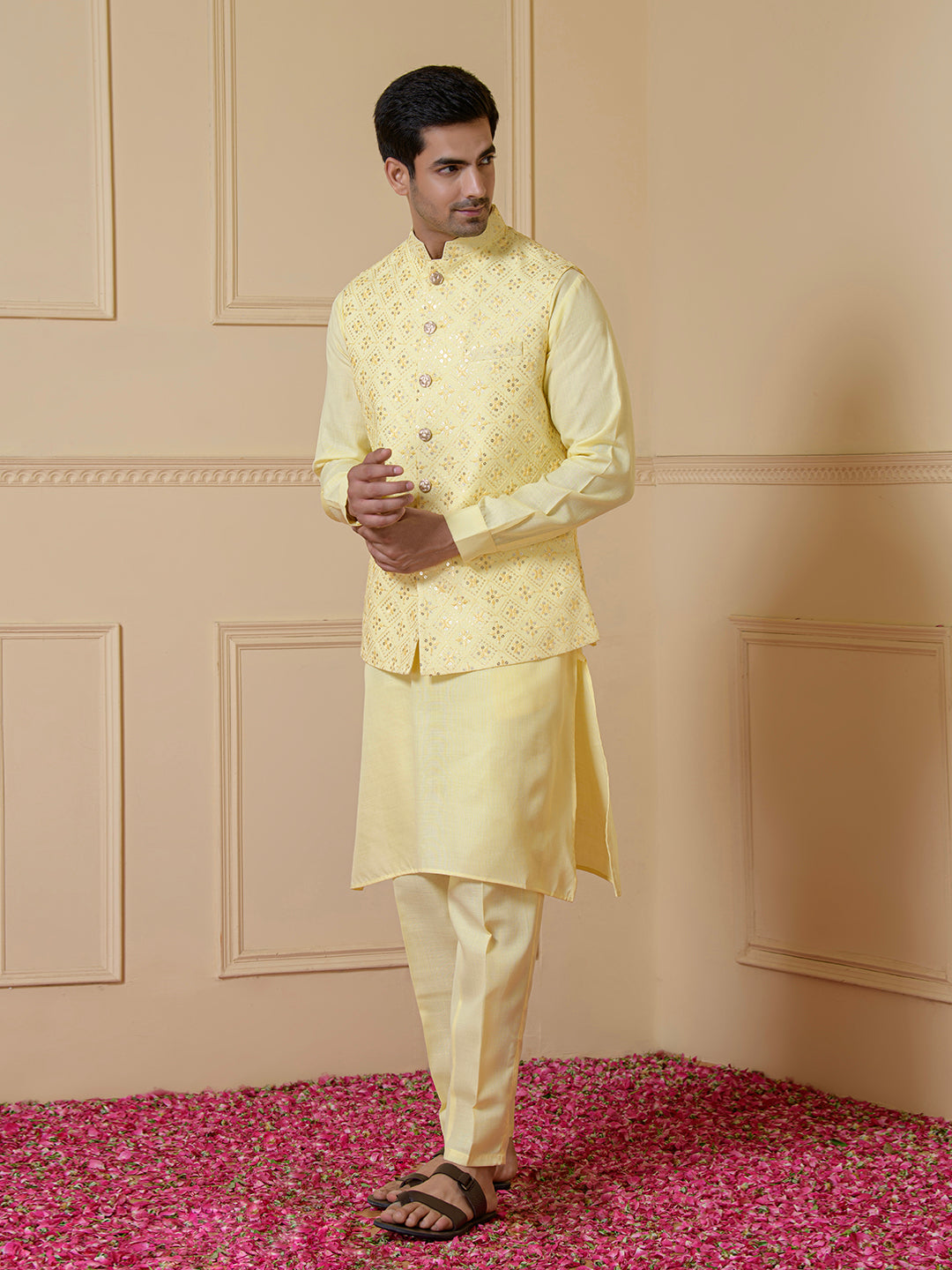 Radiant Yellow Sequined Men's Kurta Set