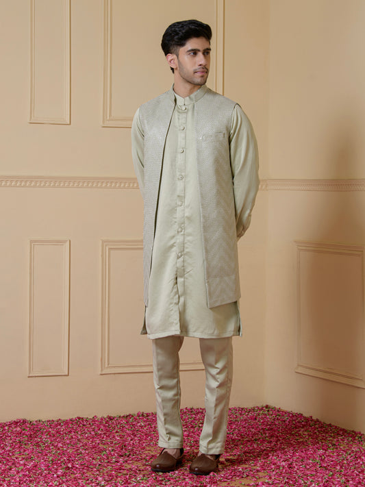 Light Green Sequined Men's Kurta Set