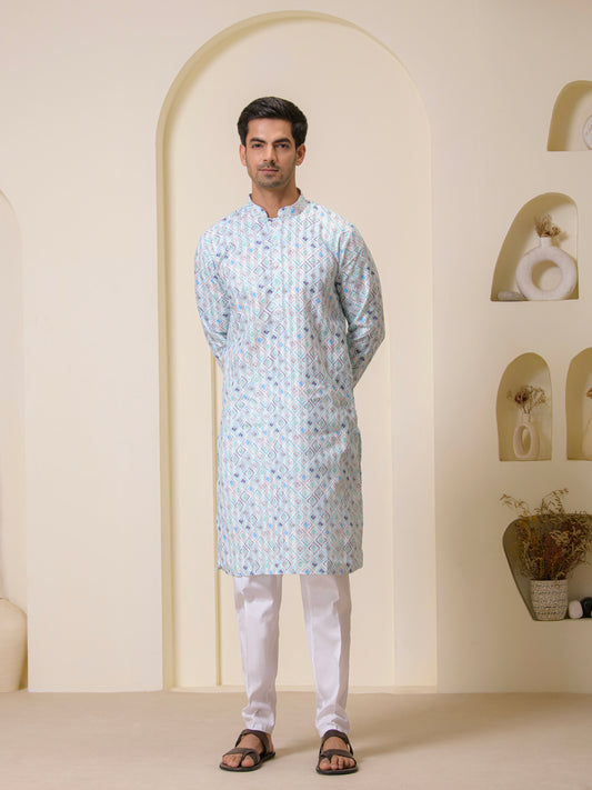 Blue Square Pattern Printed Men's Kurta