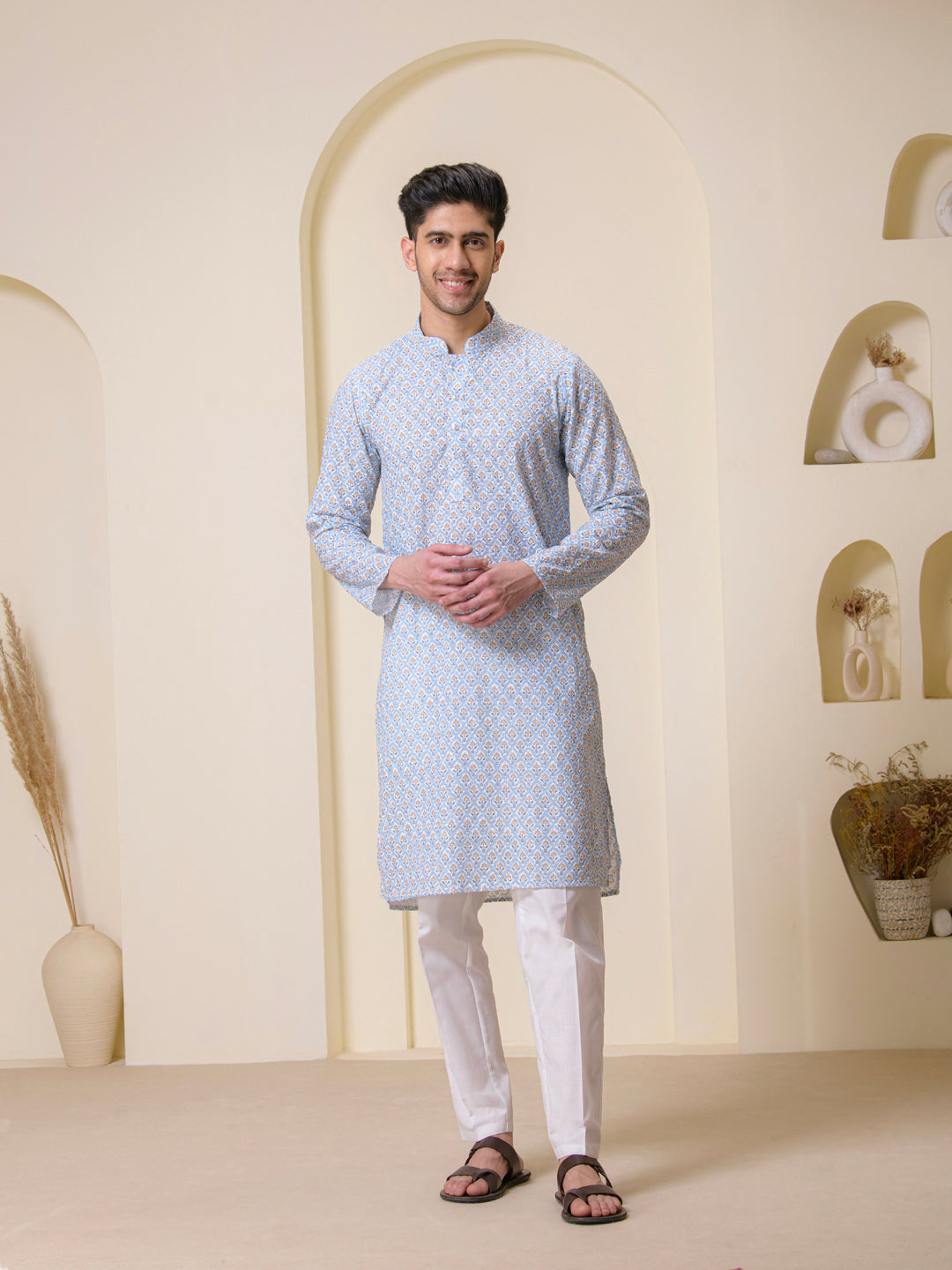 Powder Blue Printed Motifs Men's Kurta