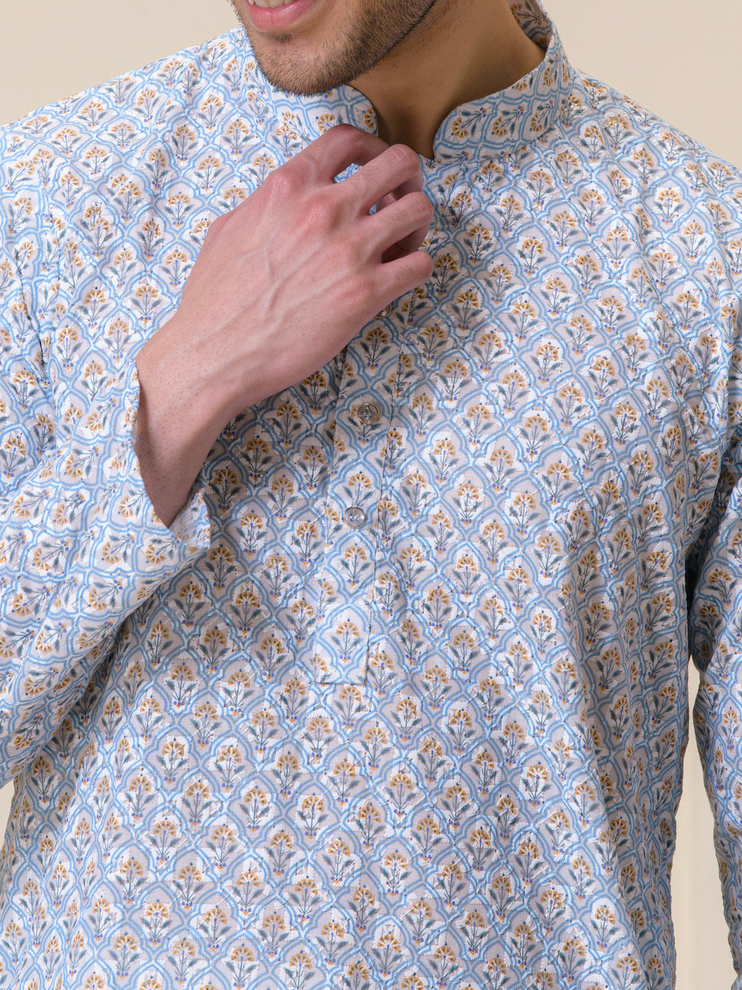 Powder Blue Printed Motifs Men's Kurta