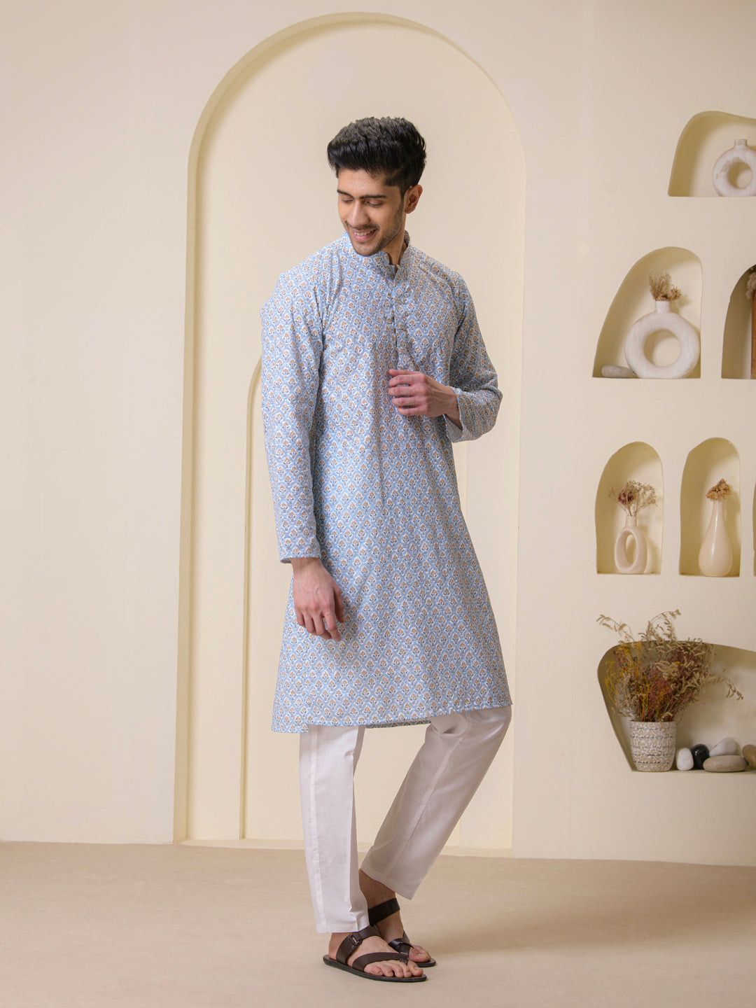 Powder Blue Printed Motifs Men's Kurta