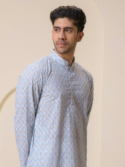 Powder Blue Printed Motifs Men's Kurta