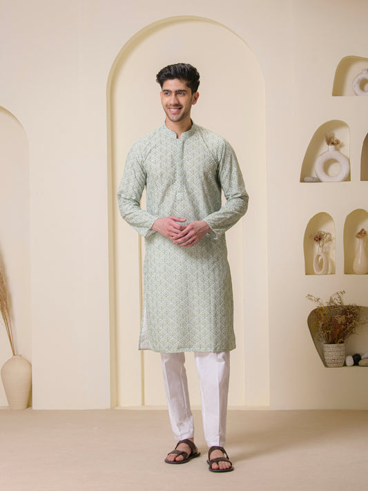 Garden Green Printed Men's Kurta