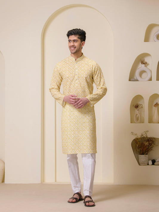 Golden Yellow Printed Men's Kurta