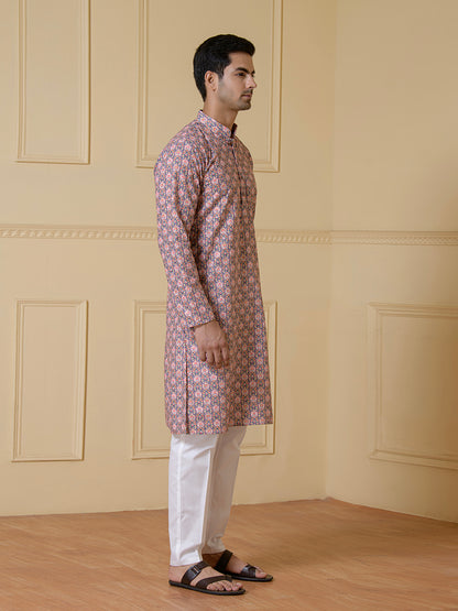 Pink Motifs Blue Printed Men’s Kurta