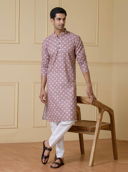 Pink Motifs Blue Printed Men’s Kurta