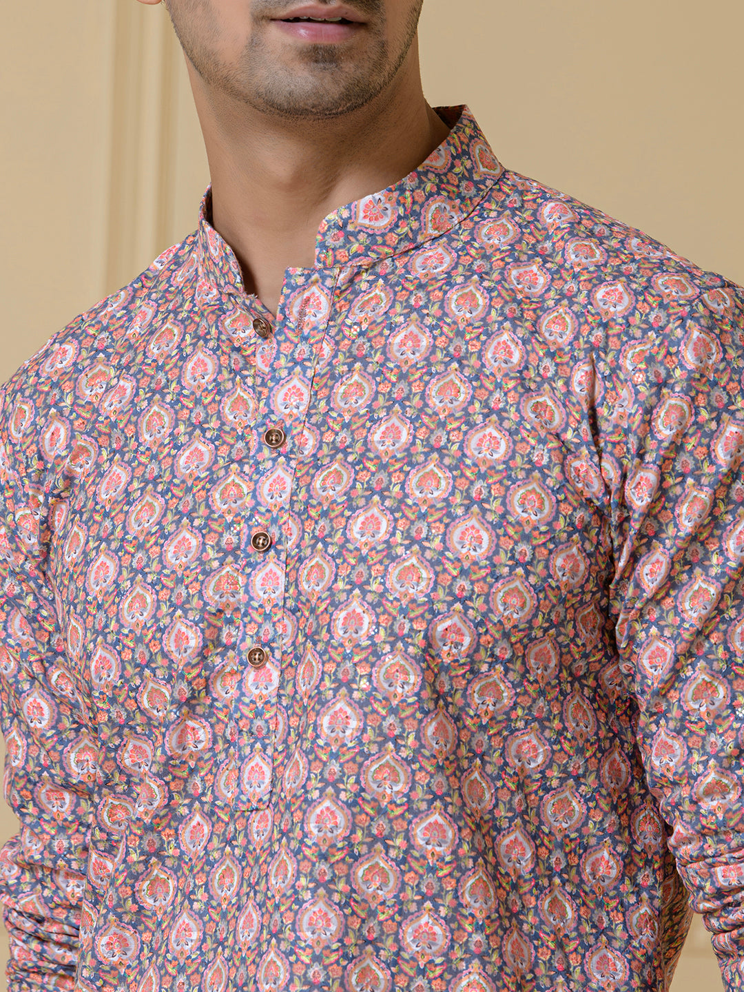 Pink Motifs Blue Printed Men’s Kurta