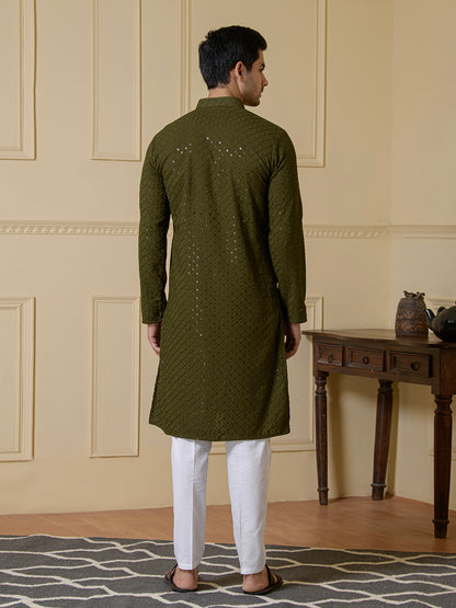 Deep Olive Chikankari Men's Kurta