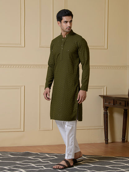 Deep Olive Chikankari Men's Kurta