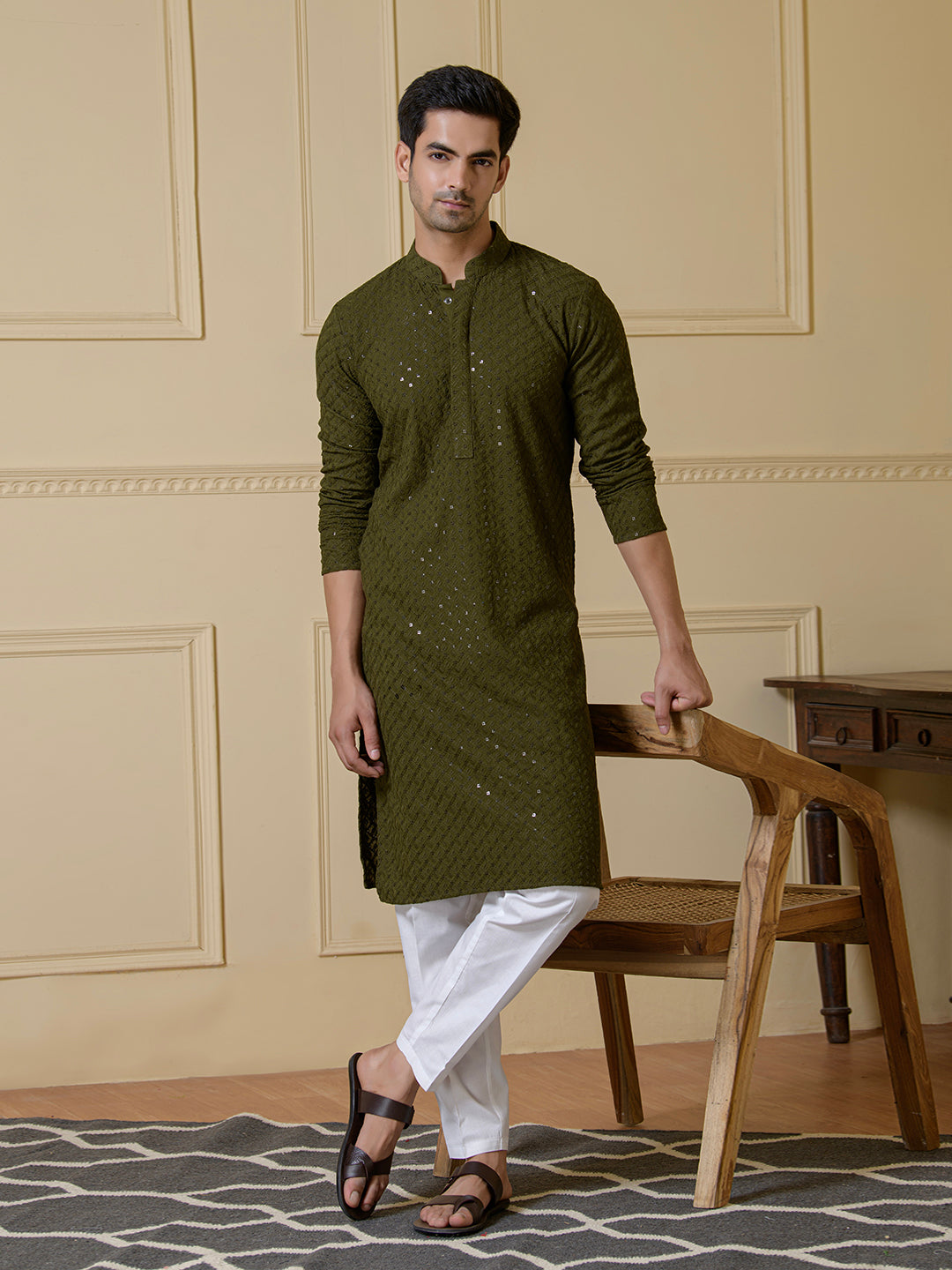 Deep Olive Chikankari Men's Kurta