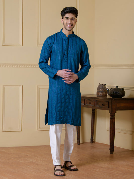 Luminous Azure Blue Sequined Men's Kurta